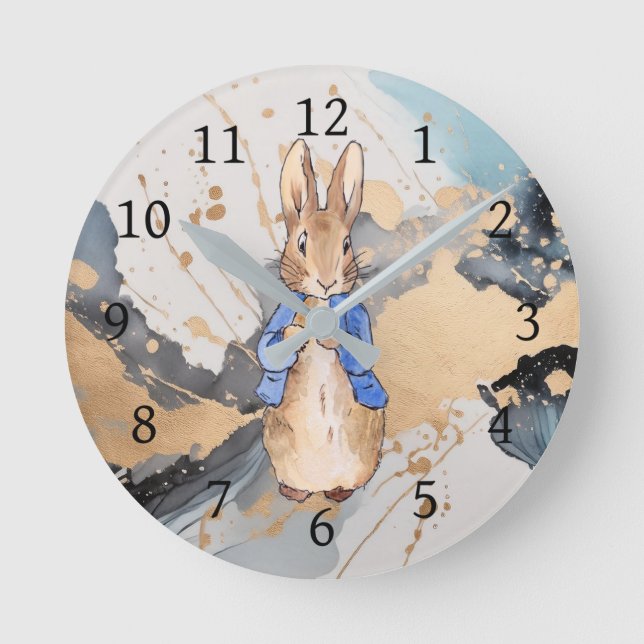 Peter the rabbit with gold splash background round clock (Front)