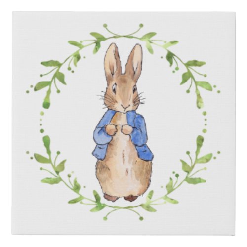 Peter the Rabbit with Green leaf Wreath  Faux Canvas Print