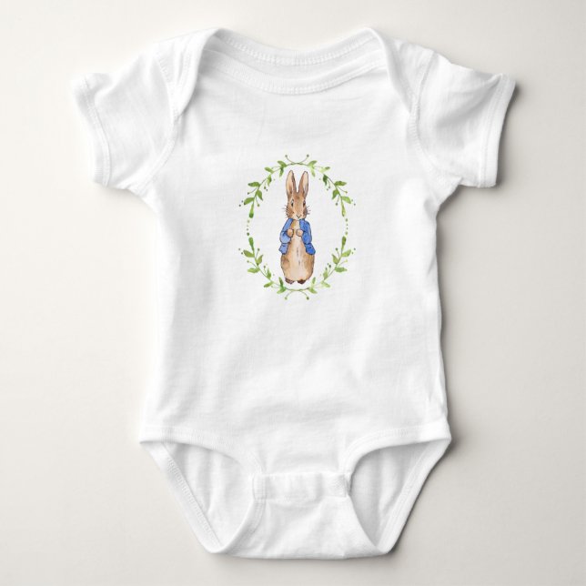 Peter the Rabbit with Green Leafy Wreath  Baby Bodysuit (Front)