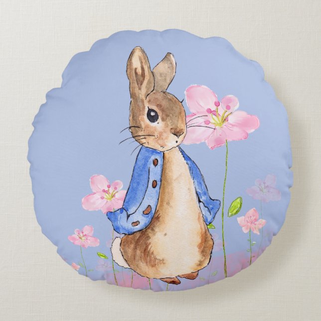 Peter the Rabbit with Pink Flowers Round Pillow (Front)