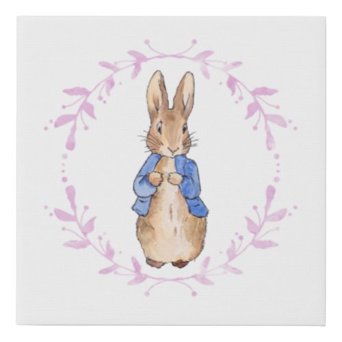 Peter the Rabbit with Pink leaf Wreath    Faux Canvas Print