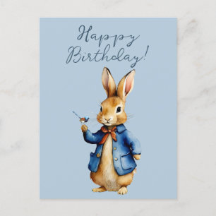 Peter the rabbit with Wren Happy Birthday Postcard
