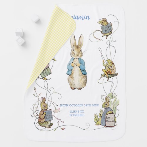 Peter the Rabbit Yellow Gingham Birth Stats Baby Blanket