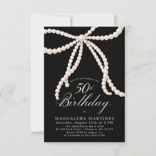 PETITE 50th Birthday Black White Pearl Bow Invitation