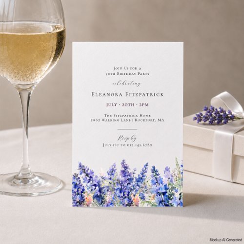 PETITE 70th Birthday Blue July Birth Month Flower Invitation