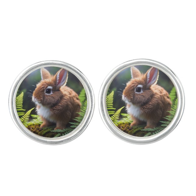"Petite Charm: The Brown and White Dwarf Bunny" Cufflinks (Front)