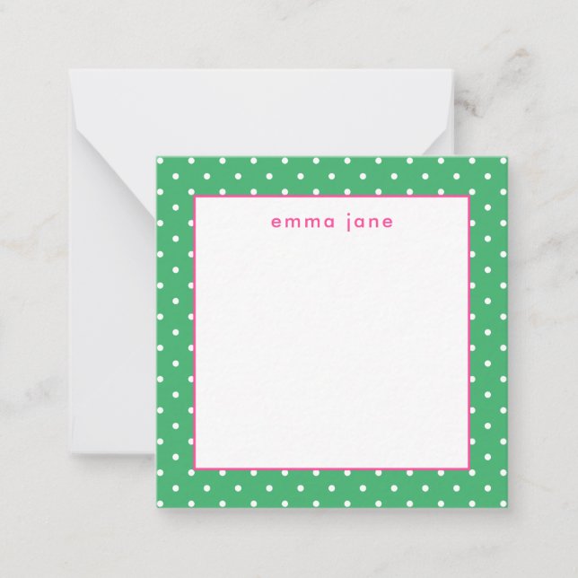 Petite Dots Pink and Green Personalized Small Note Card (Front)