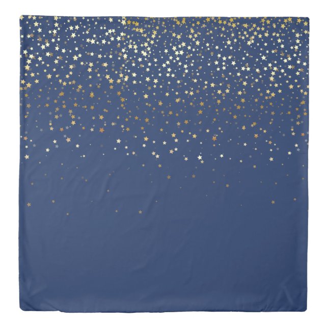 Petite Golden Stars Queen Size Duvet Cover-Dp Blue (Front)