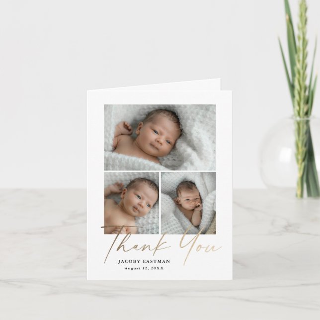 Petite Minimal Script 3 Photo Baby Thank You Card (Front)