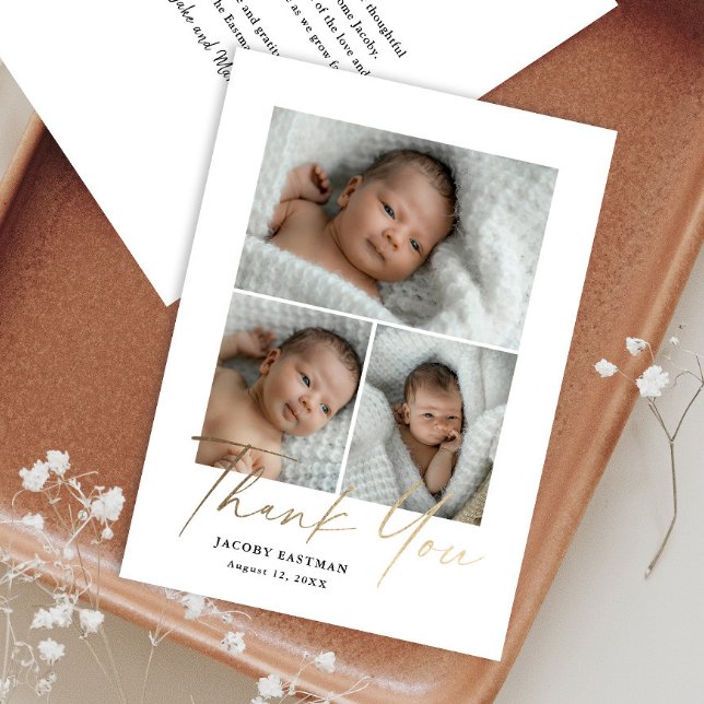 Petite Minimal Script 3 Photo Baby Thank You Card (Creator Uploaded)