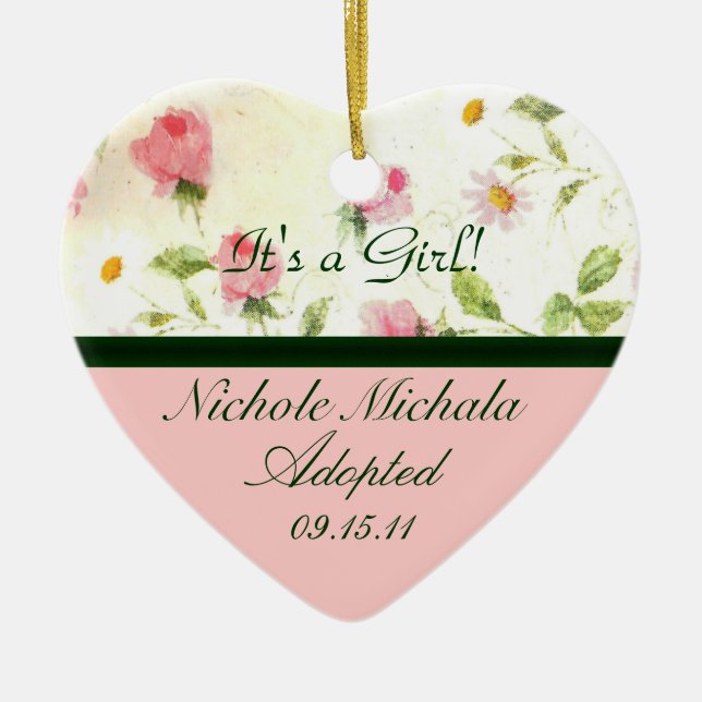 Petite Pink Roses Adoption Announcement Keepsake Ceramic Ornament (Front)