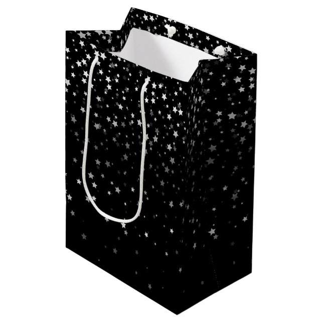 Petite Silver Stars Gift Bag in Black (Front Angled)