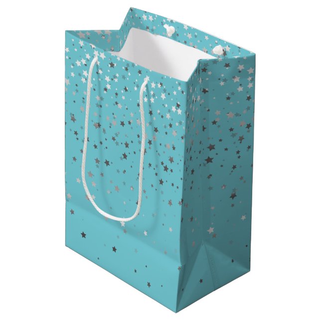 Petite Silver Stars Gift Bag in Turquoise (Front Angled)