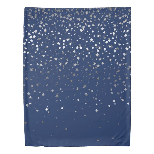 Petite Silver Stars Twin Size Duvet Cover-Dp Blue (Front)