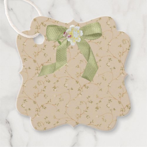 Petite White Flowers on Beige Favor Tags