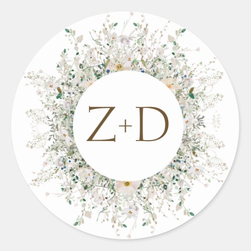 Petite Wildflower Monogram Wedding Classic Round Sticker