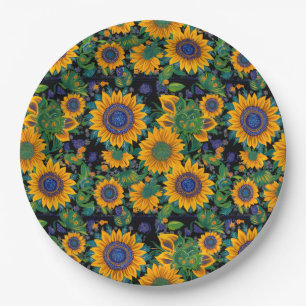 Petrikivka Ukrainian folk art. Sunflowers blooming Paper Plates