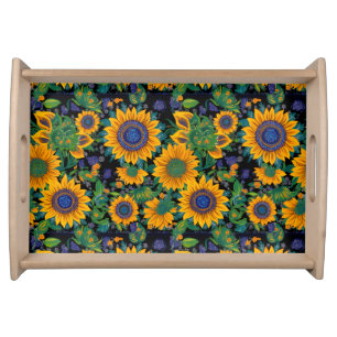 Petrikivka Ukrainian folk art. Sunflowers blooming Serving Tray