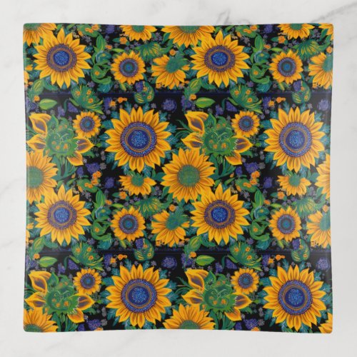 Petrikivka Ukrainian folk art. Sunflowers blooming Trinket Tray