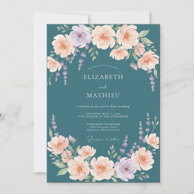 Petrol Apricot Watercolor Wedding Invitation (Front)