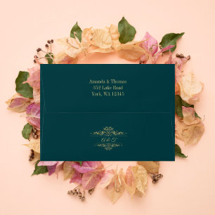 Petrol green elegant golden wedding invitation  envelope