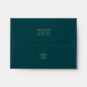 Petrol green golden frame wedding rsvp envelope
