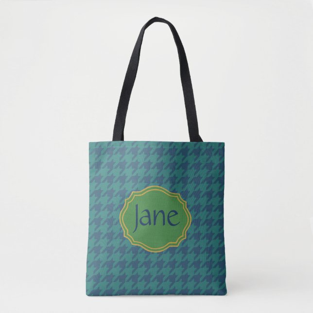 Petrol Leaf Houndstooth Personalized Tote Bag (Front)