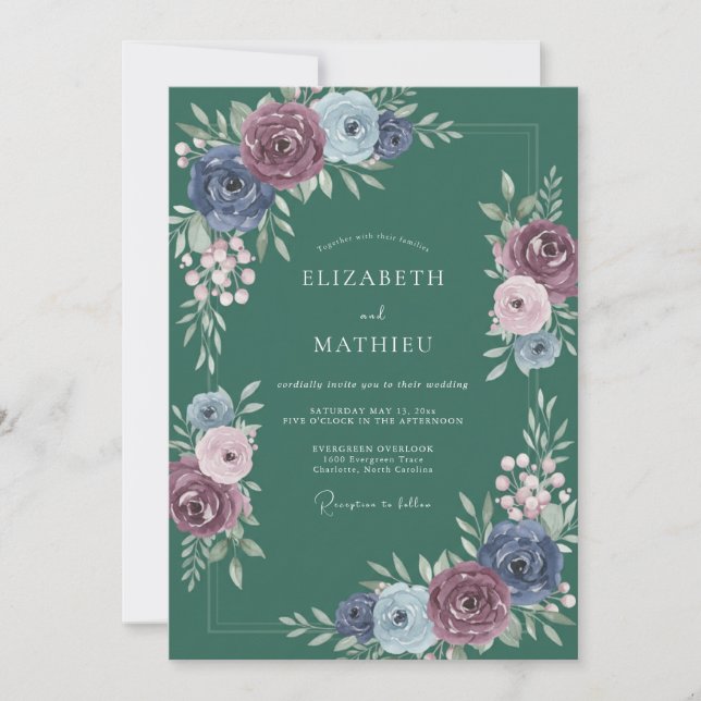 Petrol Plum Ranunculus Eucalyptus Wedding Invitation (Front)