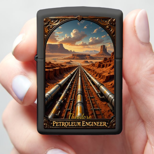 Petroleum Engineer Desert Pipeline Arched Zippo Lighter (In Hand)