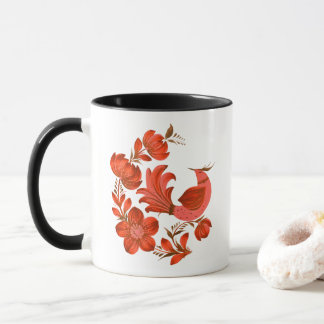 Petrykivka Inspired Red Folk Art Bird & Floral  Mug