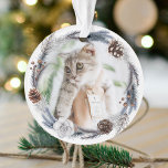 Pets 1st Christmas Winter Wreath Christmas Ornament<br><div class="desc">Celebrate your pet's first Christmas in his or her forever home with this cute keepsake ornament. The design features a festive watercolor winter wreath of acorns and botanical foliage and a photograph of your pet. Customize the other side with your pet's name in calligraphy handwriting script, along with your choice...</div>