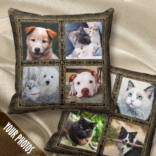 Pets 44 Photo Collage  Monogram Vintage _ Throw Pillow