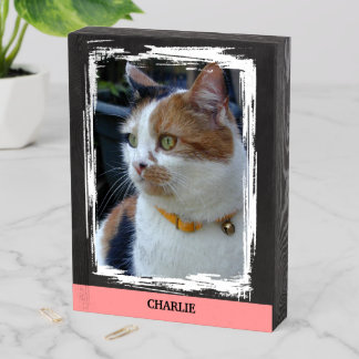 Pets add name black blush cat photo rustic wooden box sign
