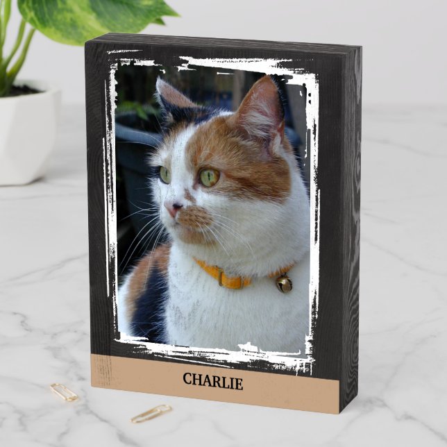 Pets add name black brown cat photo rustic wooden box sign (In Situ Vertical)