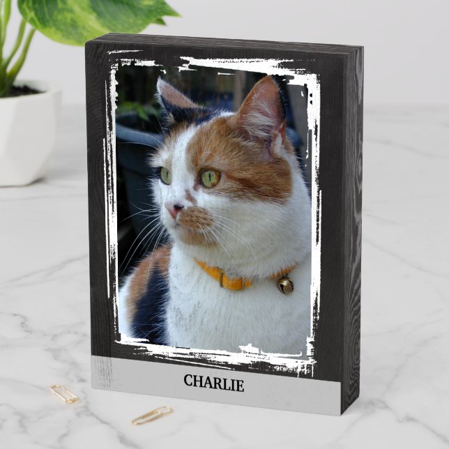Pets add name black grey cat photo rustic wooden box sign (In Situ Vertical)