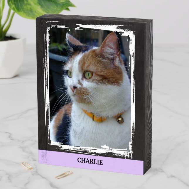 Pets add name black purple cat photo rustic wooden box sign (In Situ Vertical)