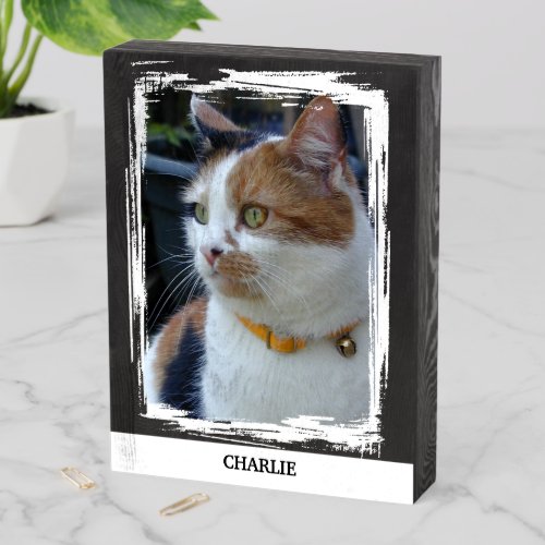 Pets add name black white cat photo rustic wooden box sign