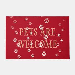 "Pets Are Welcome" Cats & Dogs Pawprints Red Doormat