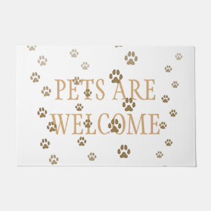 "Pets Are Welcome" Cats & Dogs Pawprints White Doormat