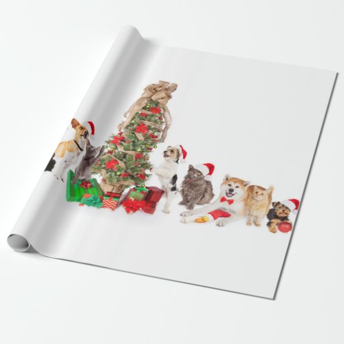 Pets around the Christmas Tree Wrapping Paper