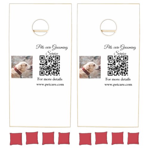 Pets care grooming service Q R code add name text Cornhole Set