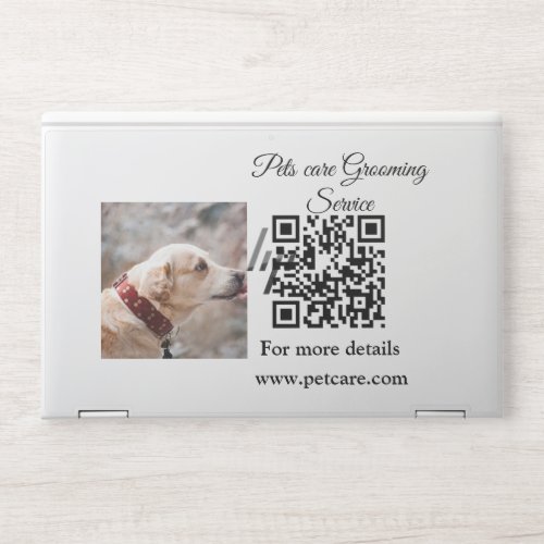 Pets care grooming service Q R code add name text HP Laptop Skin