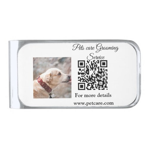 Pets care grooming service Q R code add name text Silver Finish Money Clip