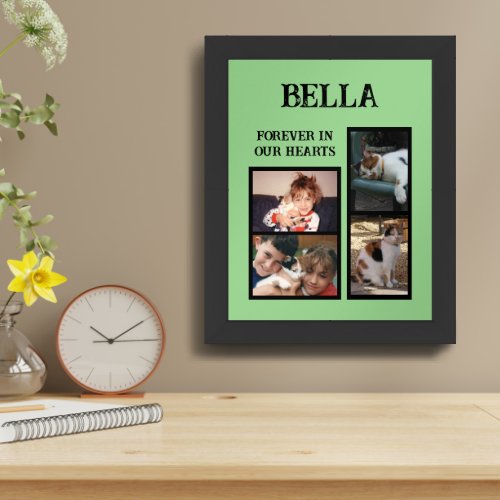 Pets cats 4 photo collage add name green framed art
