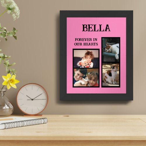 Pets cats 4 photo collage add name pink framed art