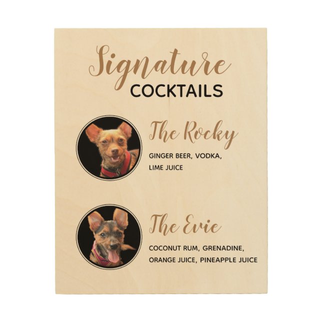 Pets Dogs Signature Drinks Wedding Cocktail Menu Wood Wall Art (Front)
