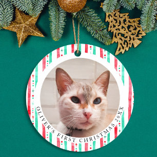 Pet's First Christmas 2 Photo Watercolor Stripes Ceramic Ornament