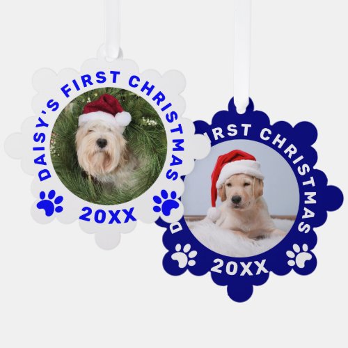 Pets First Christmas Blue White Paw Prints Custom Ornament Card