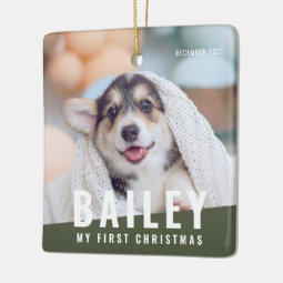 Pet's First Christmas Custom Modern Photo Year Ceramic Ornament | Zazzle