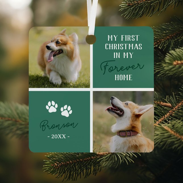 Pets First Christmas Forever Home Green Photo Metal Ornament (Creator Uploaded)
